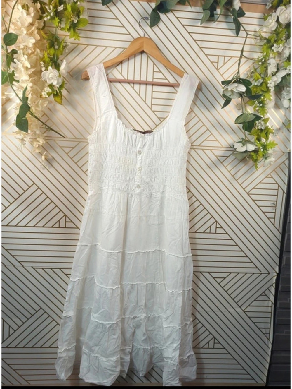 Speed Control Women's Vtg White Tiered Boho Midi Dress Sz L